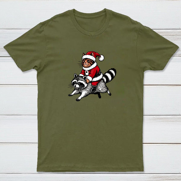 Santa Cat on A Raccoon Geek T-Shirt