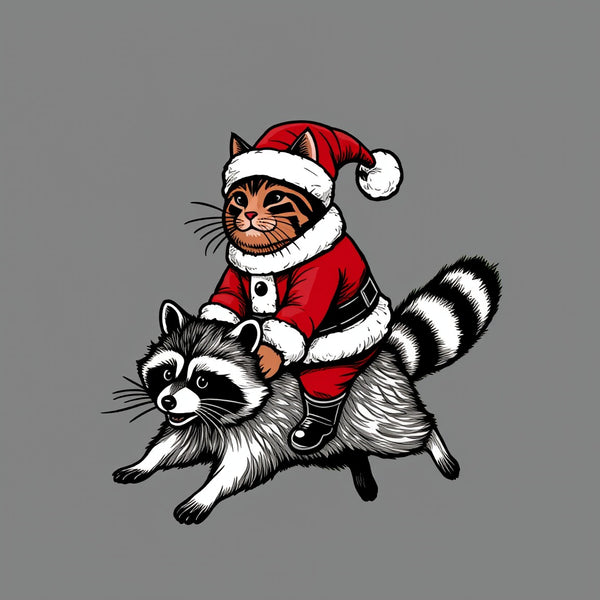 Santa Cat on A Raccoon Geek T-Shirt