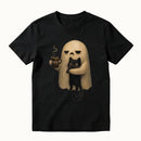 Halloween Spooky Ghost Holding Black Cat Coffee Lover Funny T-Shirt