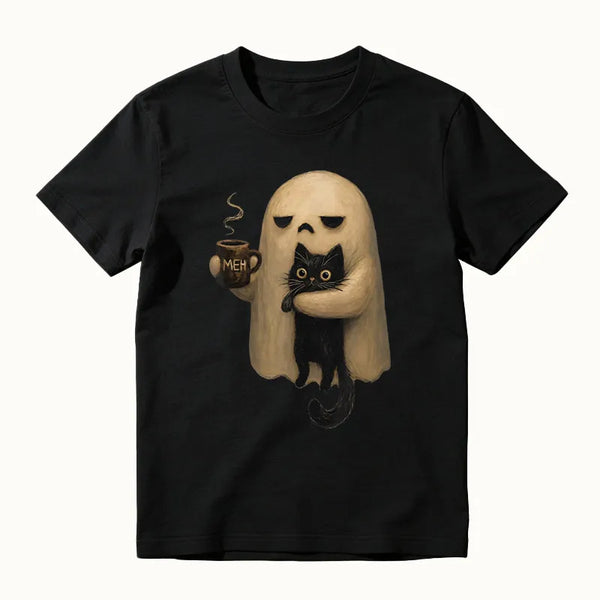 Halloween Spooky Ghost Holding Black Cat Coffee Lover Funny T-Shirt