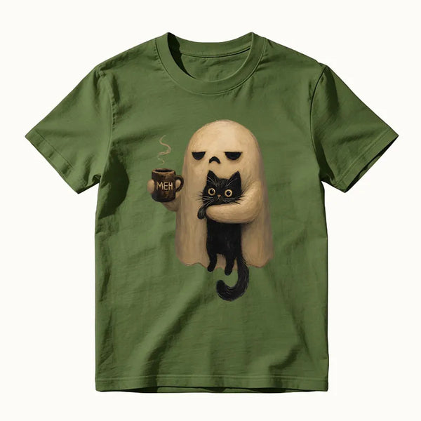 Halloween Spooky Ghost Holding Black Cat Coffee Lover Funny T-Shirt