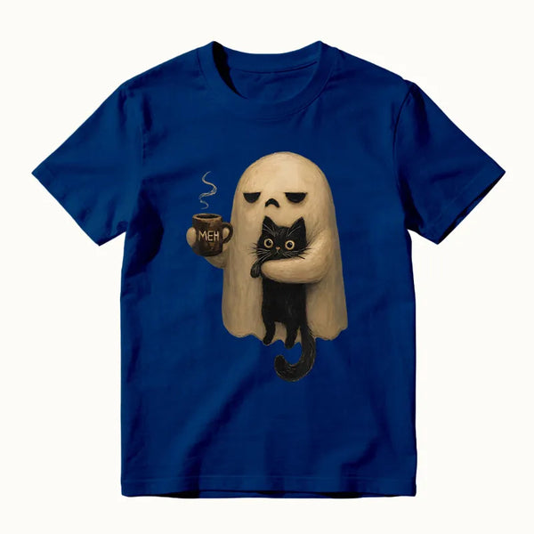 Halloween Spooky Ghost Holding Black Cat Coffee Lover Funny T-Shirt