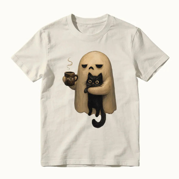 Halloween Spooky Ghost Holding Black Cat Coffee Lover Funny T-Shirt