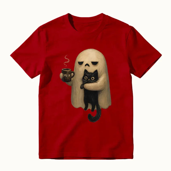 Halloween Spooky Ghost Holding Black Cat Coffee Lover Funny T-Shirt