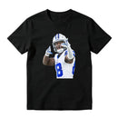 American Football Player Number 8 In White And Blue Uniform Celebrating Graphic T-Shirt