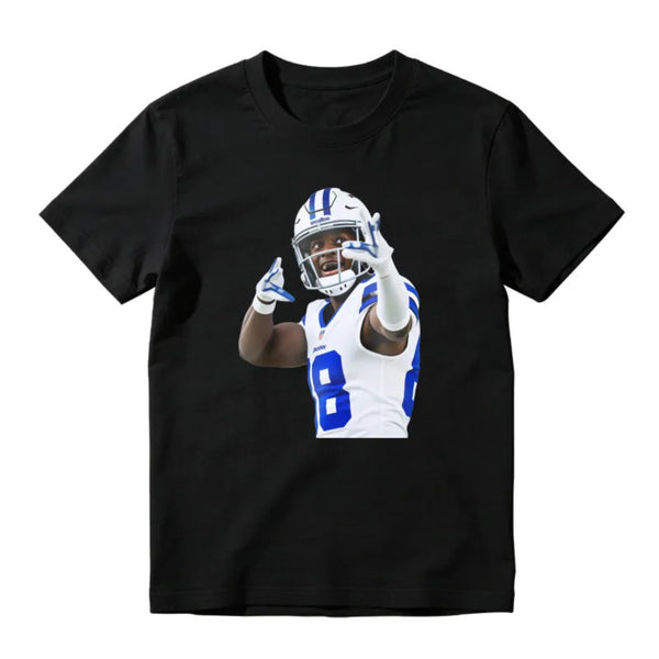 American Football Player Number 8 In White And Blue Uniform Celebrating Graphic T-Shirt