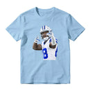 American Football Player Number 8 In White And Blue Uniform Celebrating Graphic T-Shirt