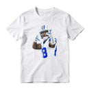 American Football Player Number 8 In White And Blue Uniform Celebrating Graphic T-Shirt