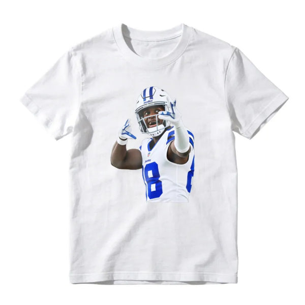 American Football Player Number 8 In White And Blue Uniform Celebrating Graphic T-Shirt